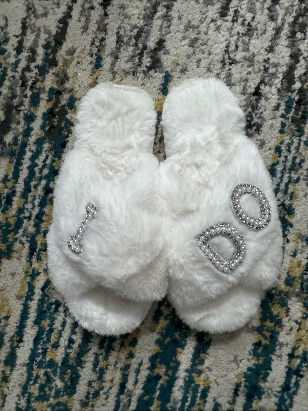 White Fuzzy Slippers with Crystal 'I DO' Accent